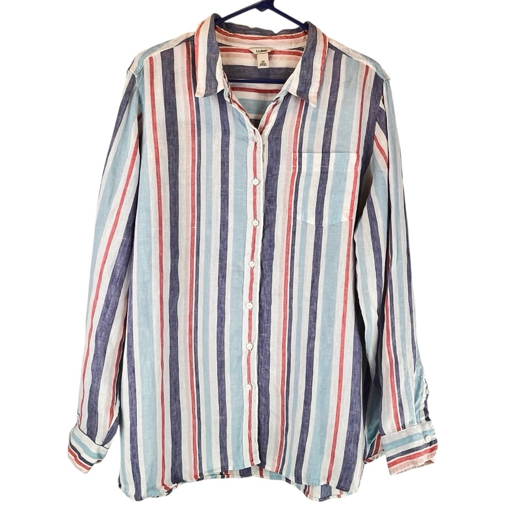 LL Bean Premium Washable 100% European Linen Striped Button Up Shirt Top Sz 2X